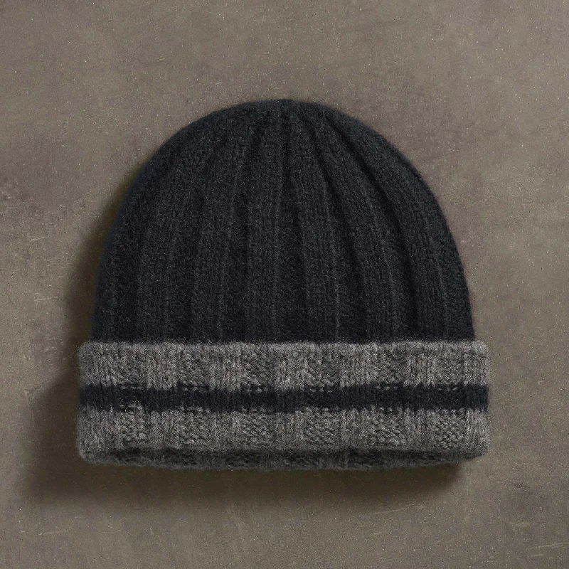 Cashmere Stripe Rib Beanie - True Black/Thunder