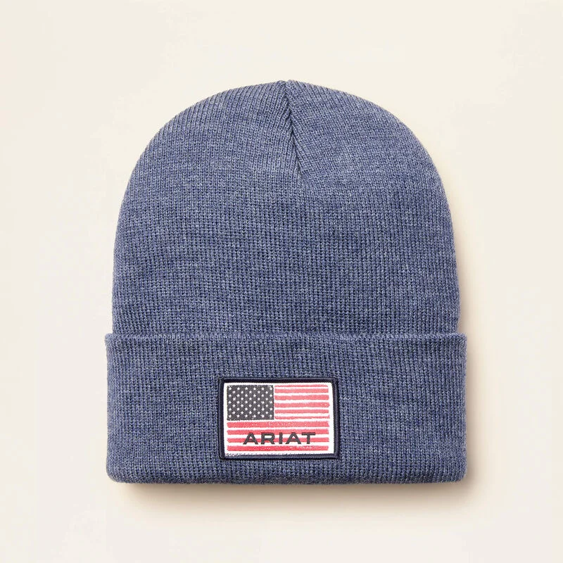 Rebar American Flag Patch Beanie - Denim Heather